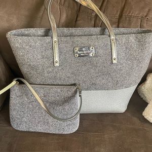 Kate Spade 'Harmony' Gray Wool/Silver Glitter Leather Tote with Wristlet (+COA)